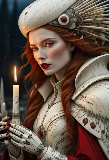 made out of scrimshaw, 1girl, solo, long hair, detailed eyes, natural eyes, very aesthetic, intricate eyes, confident, focused, at night, mascara, beautiful female, detailed, candles, dynamic shot, night, mature woman, bokeh, masterpiece, best quality, amazing quality, absurdres, thick lips, fully dressed, nbn-freyja, gloves, (anatomically correct:1.9), feminine strength, grief, freedom, ritual magic, auburn hair, photorealism, cinematic lighting, high fantasy, mythic portraiture, soft background, northern folklore aesthetic, (cybersuit made out of scrimshaw:1.8), (hat made out of scrimshaw:1.6), natural hands, cyberpunk, futuristic, outdoors, graveyard made out of scrimshaw, (red:2.6).