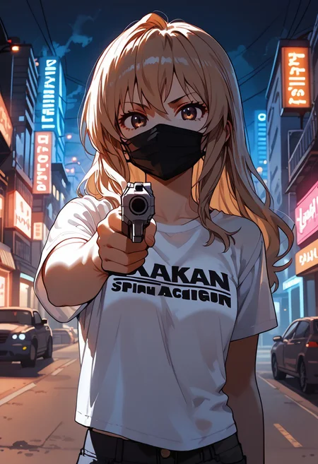 score_9, score_8_up, score_7_up, score_6_up, portrait, 1girl, Taiga Aisaka, cool girl, wearing sukajan, t-shirt, hot pants, standing confidently, looking at the camera, urban background, night, neon lights, gun, holding a pistol, black face mask, pointing at viewer, close view. shooting, bullet, fire, smoke