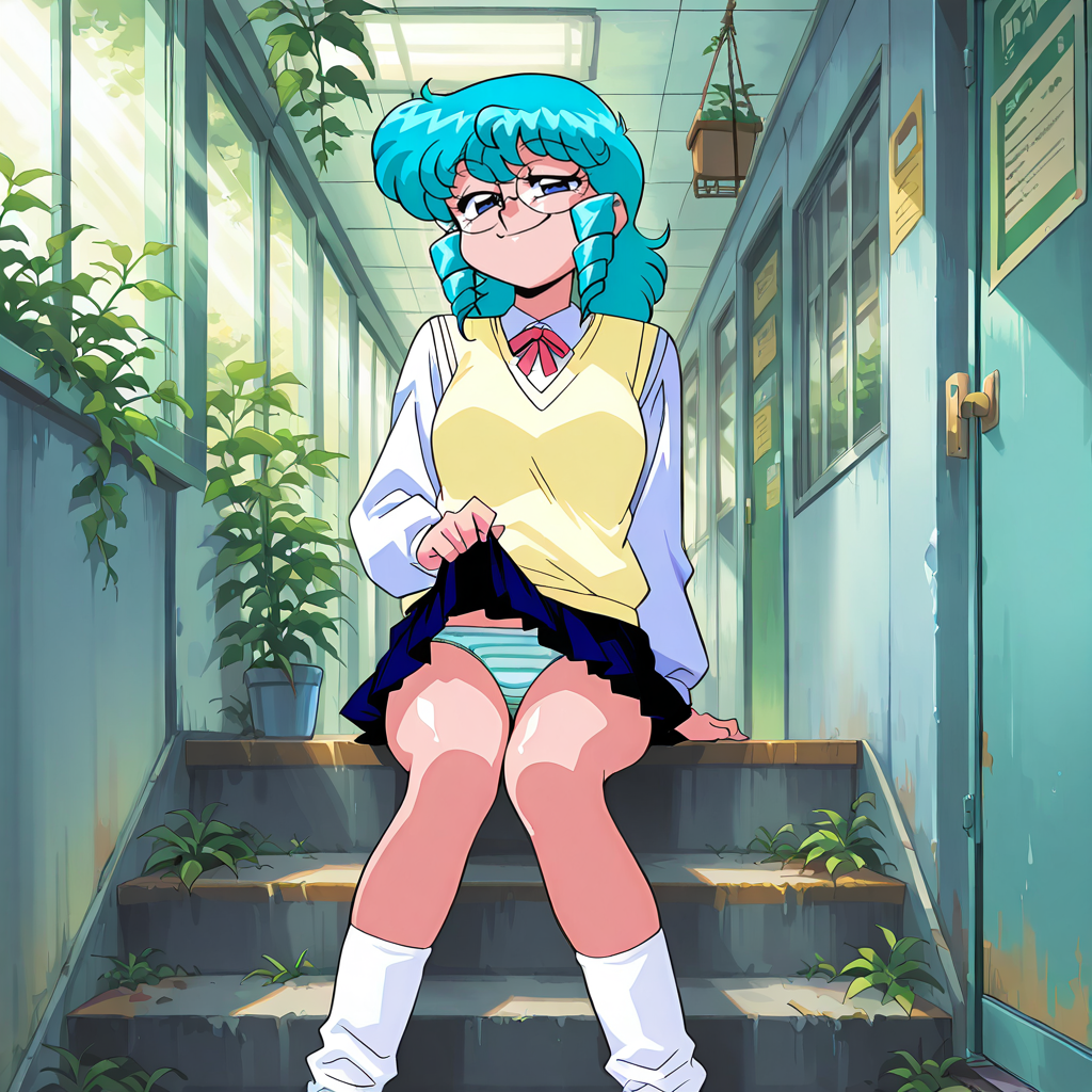 HDA_MasterpieceXL_v1.2,  <lora:Viper_M1_Girls_Pack:1> MAY2K25IL, retro artstyle, drill hair, aqua hair,  blue eyes, glasses, sweater, school uniform, skirt, socks, school entrance, long pathway lined with glass walls and hanging plants, soft light rays filtering through the glass ceiling, morning dew sparkling on leaves,  smile, happy,  HDA_Do_you_want_to_watch, smug, striped panties,