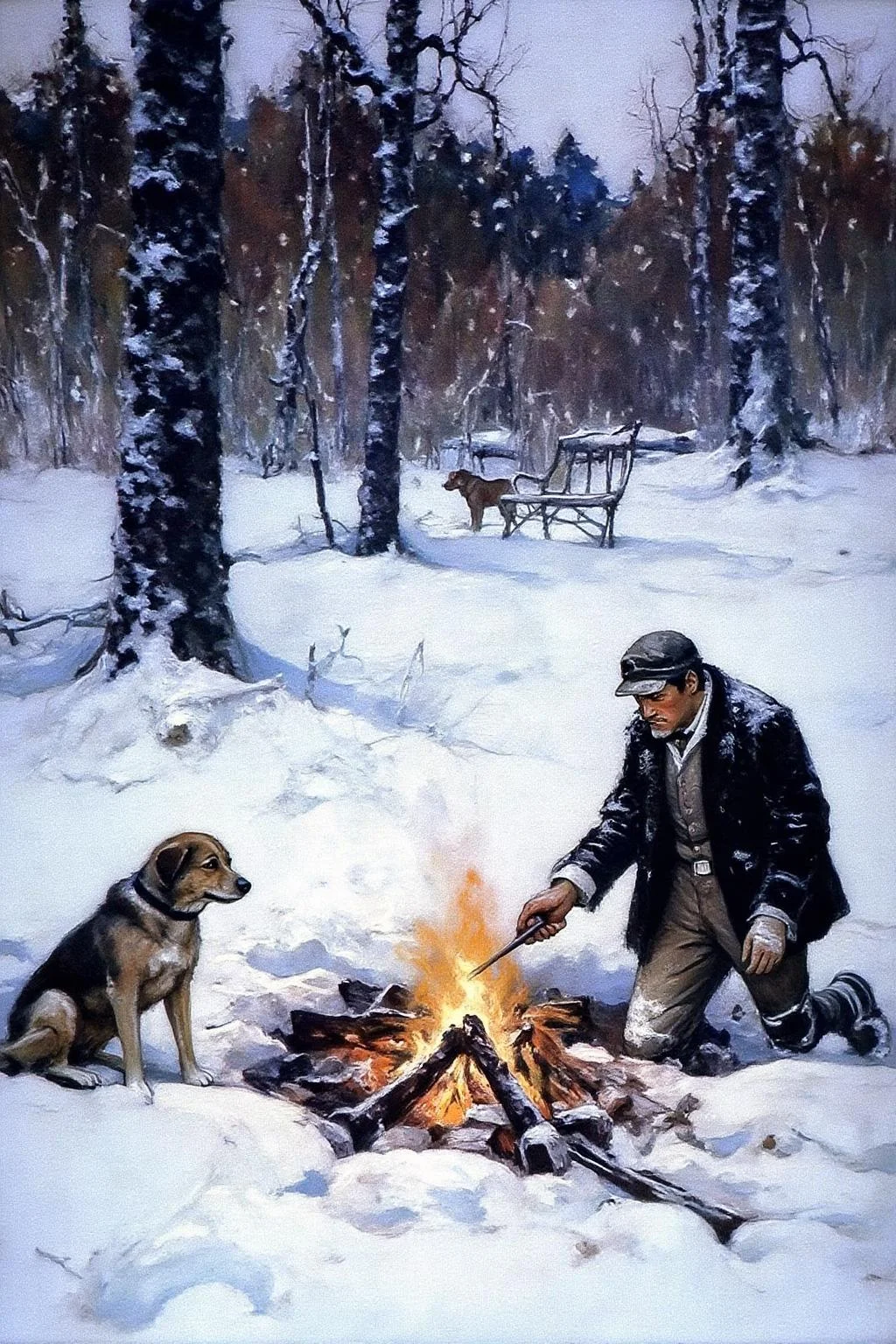 schoonover1 illustration.
A winter landscape with heavy snowfall. Tall, dark trees with snow-covered trunks and branches stretch into the background. The ground is blanketed in deep snow, with a lighter gradient at the edges, suggesting a recent snowfall. On the left is a dog. On the right is a half-frozen man with winter coat and cap, kneeling beside a camp fire. <lora:schoonover1_cap_d6a3e11:1.0><lora:831468882393849898:0>