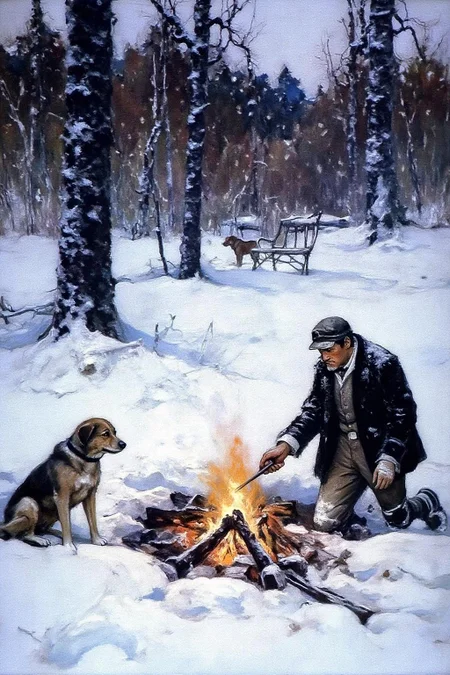 schoonover1 illustration.
A winter landscape with heavy snowfall. Tall, dark trees with snow-covered trunks and branches stretch into the background. The ground is blanketed in deep snow, with a lighter gradient at the edges, suggesting a recent snowfall. On the left is a dog. On the right is a half-frozen man with winter coat and cap, kneeling beside a camp fire. <lora:schoonover1_cap_d6a3e11:1.0><lora:831468882393849898:0>