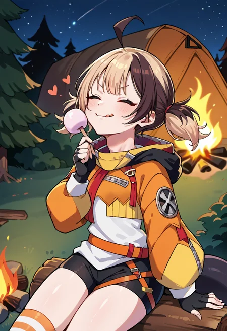 score_9, score_8_up, source_anime, 1girl, solo, GigiMurin, multicolored hair, short twintails, ahoge, orange jacket, cropped jacket, white shirt, black fingerless gloves, orange belt, black shorts, single thighhigh, striped thighhigh, tail, outdoors, campfire, holding marshmallow on a stick, tracing neck bulge, finger on neck, eyes down, (mouth closed), heart, licking lips, :q, proud, smug, (throat bulge:1.45), vore, (swallowing gulp, squirming bulge), starry night sky, camping, forest background, blurred background, sitting on log,