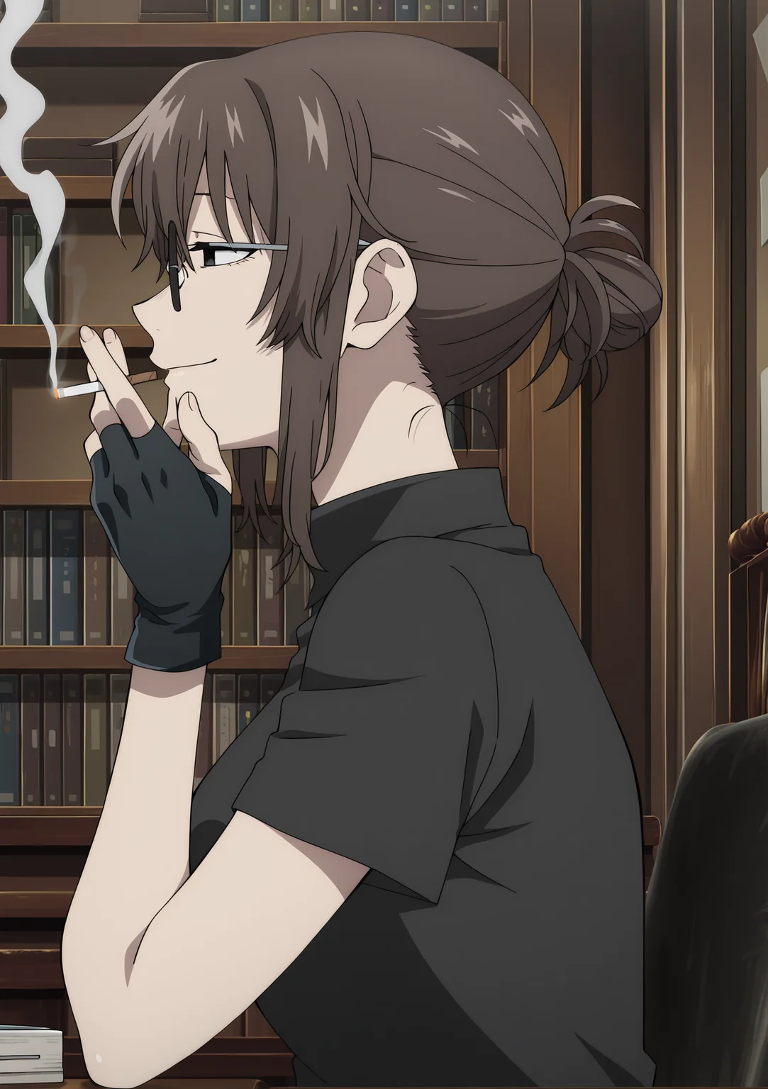 detailed background, official style,anime coloring, (anime screencap) masterpiece, detailed face,1girl <lora:Anko_Uguisu_v2:0.8>Anko, gloves, solo, glasses, brown hair, smoking, smoke, smile, cigarette, bookshelf, black gloves, sitting, holding, shirt, sidelocks, black shirt, from side, black eyes, single hair bun, indoors, fingerless gloves, short sleeves, profile, holding cigarette, chair, closed mouth
