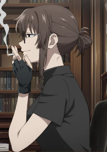 detailed background, official style,anime coloring, (anime screencap) masterpiece, detailed face,1girl <lora:Anko_Uguisu_v2:0.8>Anko, gloves, solo, glasses, brown hair, smoking, smoke, smile, cigarette, bookshelf, black gloves, sitting, holding, shirt, sidelocks, black shirt, from side, black eyes, single hair bun, indoors, fingerless gloves, short sleeves, profile, holding cigarette, chair, closed mouth