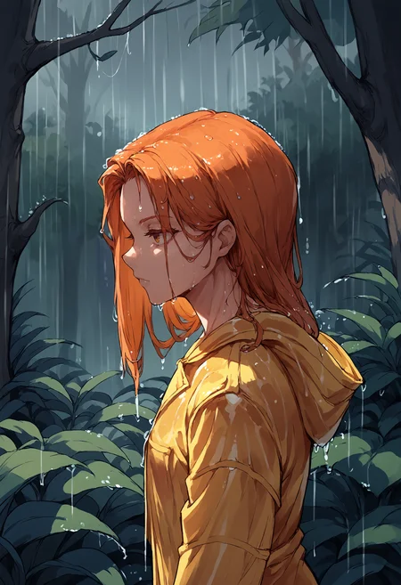 score_9, score_8_up, score_7_up,score_6_up,realistic, highly detailed skin, forest, soft shadows, detailed background, rain,heavy-rain, day BREAK
1girl, upper body, walking, from side, plants, lush vegetation, expressionless, raincoat, orange hair, wet hair, wet
<lora:Pony_DetailV2.0:1.0> <lora:Rain (pony) v1:1>
