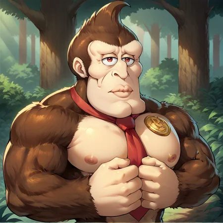 <lora:anipony_XL:0.5>, zPDXLxxx, score_9, score_8_up, score_7_up, SFW, source_anime, rating_general, (anime screenshot, flat coloring), solo, <lora:Donkey_Kong:0.8> donkeykong, brown fur, red tie, necktie, large body, large biceps, teeth, close up, standing next to a tree with hands together, jungle setting, trees plants, alligators in background, detailed background, <lora:handsomize_x_pdxl_v1:1.2> handsomize, looking at viewer