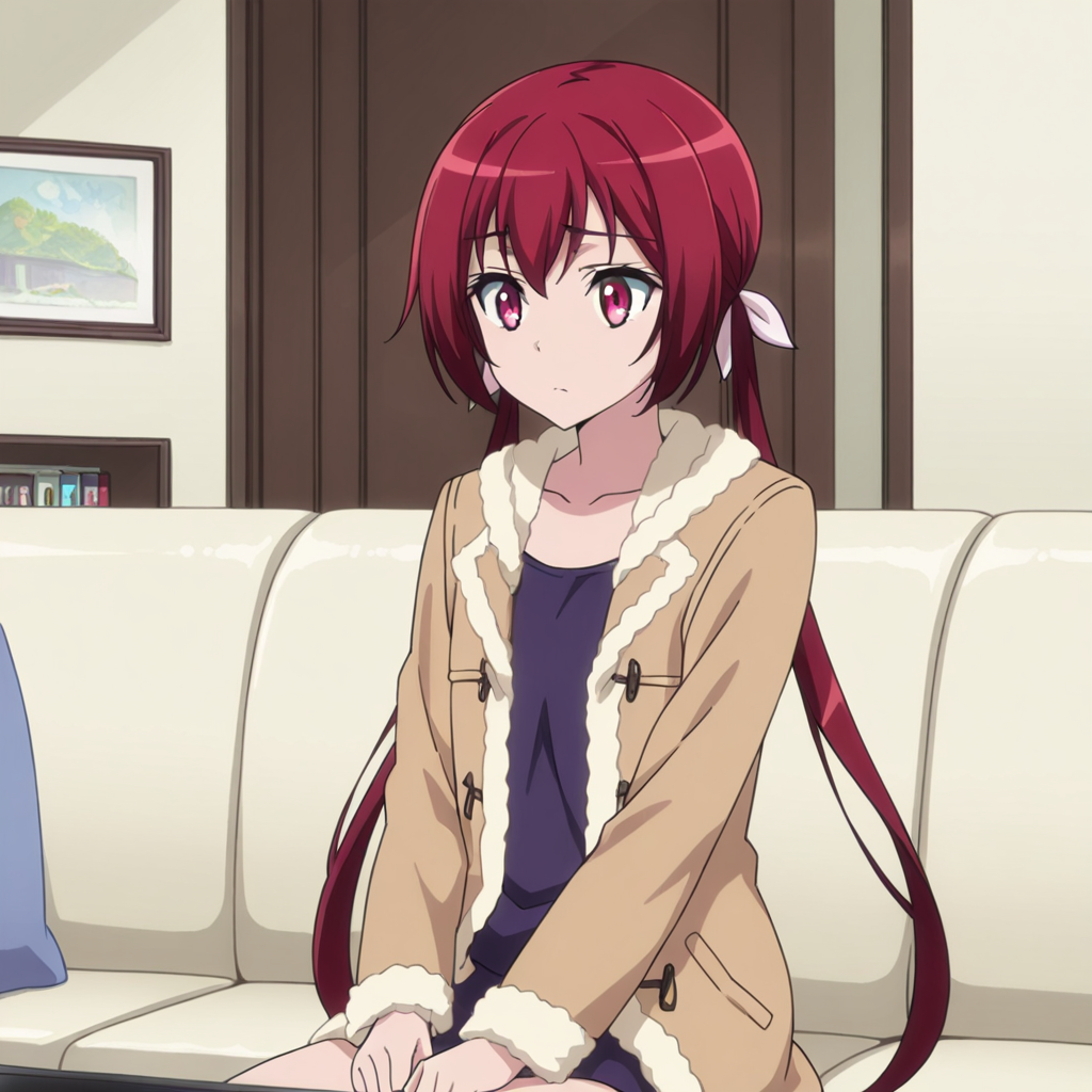 nsfw, masterpiece, best quality,1girl, solo, jokamachi_no_danderaion_akane_sakurada, sitting on sofa, red hair, long hair, red eyes, twintails, ribbon, coat, jacket, at living room, looking at TV, <lora:Akane_Sakurada_-_Jokamachi_no_Danderaion_2:0.7>