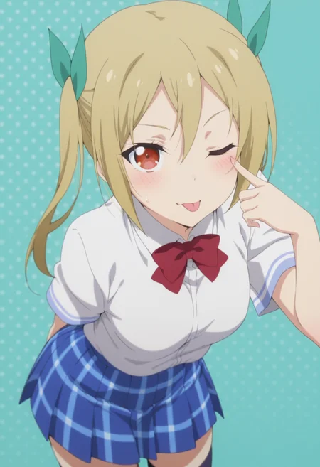 anime screencap, anime coloring, <lora:DX888Akane:1> segawa akane, red eyes, blonde hair, long hair, twintails BREAK hair ribbon, school uniform, white shirt, red bowtie, plaid skirt, blue skirt, thighhighs, BREAK simple background, aqua background,  patterned background, BREAK   1girl, ;p, akanbe, arms behind back,  blush, breasts, cowboy shot,  (eyelid pull:1.3), looking at viewer,  one eye closed, solo, tongue out,  from above, dutch angle, leaning forward,