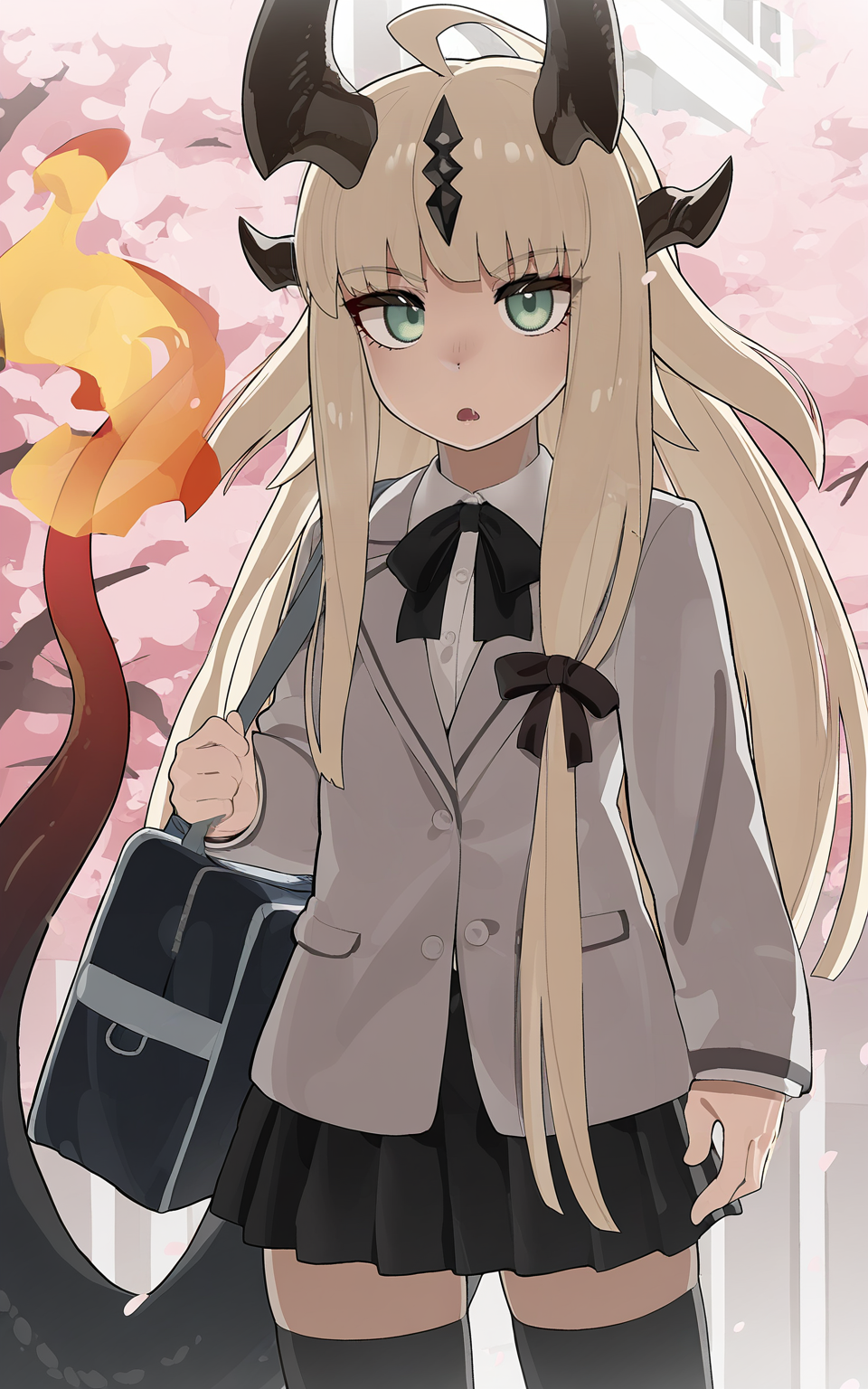 masterpiece, best quality, absurdres, highres, very awa,
<lora:Mizumizuni v1 - NoobAI 1.0 V-Pred:1>
mizumizuni
,tail,wing collar,sleeves past wrists,arknights,cherry blossoms,reed \(arknights\),dragon girl,blonde hair,black bag,dragon horns,horns,black ribbon,black thighhighs,school bag,collared shirt,flame-tipped tail,long sleeves,shirt,absurdres,ribbon,skirt,1girl,bag,black skirt,white shirt,solo,jacket,long tail,alternate costume,thighhighs,ahoge,highres,cowboy shot,multiple horns,outdoors,green eyes,shoulder bag,long hair,looking at viewer,grey jacket,school uniform,open mouth