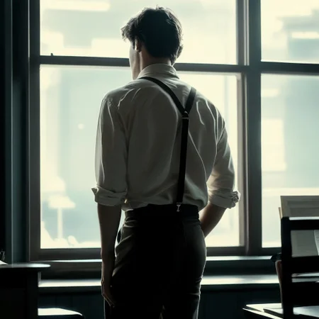 score_9, score_8_up, score_7_up, score_6_up, flmgr, flmgr, film grain, cinematic, cinematic light, 1boy, male focus, window, solo, from behind, indoors, shirt, suspenders, desk, black hair, dutch angle, pants, white shirt, black pants, standing, facing away, realistic