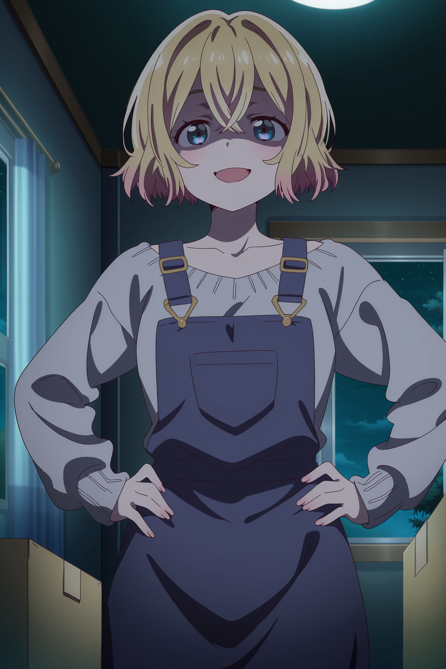 anime screencap, anime coloring, detailed face, masterpiece, best quality, very aesthetic, absurdres, volumetric lighting, official style, amazing quality, ultra detailed,  highres, amazing quality, scenery, beautiful detailed hair, beautiful detailed eyes,
outside, night,
 <lora:Mami_Nanami_Rent-A-Girlfriend:1>
Mami Nanami (character), 1girl, solo, overalls, blonde hair, short hair, shaded face, indoors, open mouth, long sleeves, box, blue eyes, sweater, crossed bangs, grey sweater, window, smug face, hands on hips, smug smile, low angle, looking at the viewer,