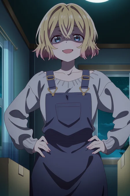 anime screencap, anime coloring, detailed face, masterpiece, best quality, very aesthetic, absurdres, volumetric lighting, official style, amazing quality, ultra detailed,  highres, amazing quality, scenery, beautiful detailed hair, beautiful detailed eyes,
outside, night,
 <lora:Mami_Nanami_Rent-A-Girlfriend:1>
Mami Nanami (character), 1girl, solo, overalls, blonde hair, short hair, shaded face, indoors, open mouth, long sleeves, box, blue eyes, sweater, crossed bangs, grey sweater, window, smug face, hands on hips, smug smile, low angle, looking at the viewer,