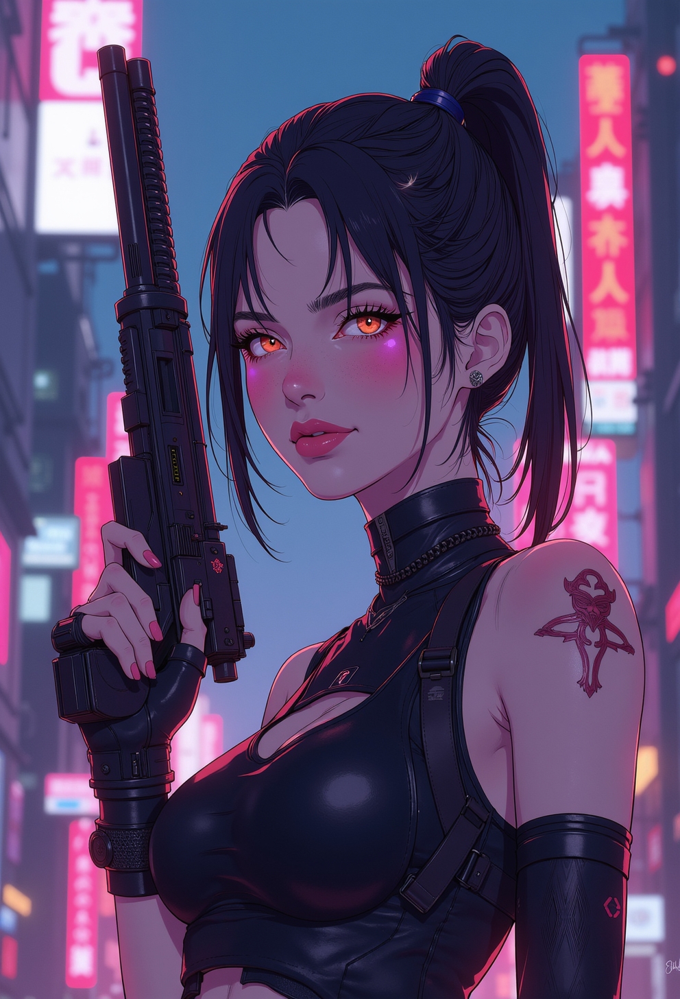 <lora:ck-nc-luminal-genesis-000016:1>, A digital anime artwork in the style of cklg, a cyberpunk woman is holding a futuristic gun, holographic shimmer
