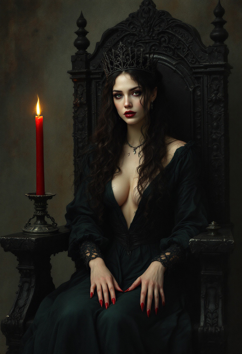 A photorealistic painting in a pre-Raphaelite style, a beautiful queen sitting on a stark black throne, she is wearing a dark green dress with a plunging neckline, she has long sharp fingernails with red fingernail polish, she is wearing a black iron crown, her head is an old wrought iron lantern, a single tall red candle with  a flickering orange flame sheds dim light, chiaroscuro lighting,
