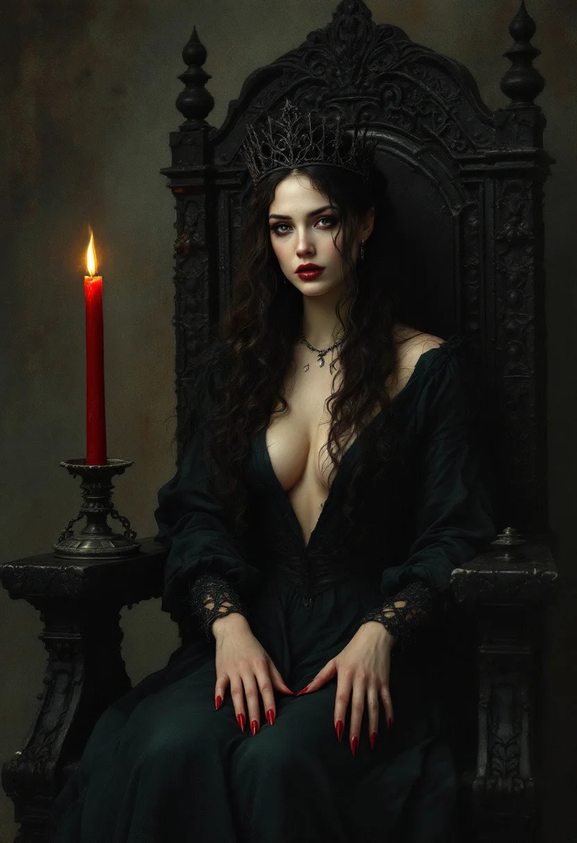 A photorealistic painting in a pre-Raphaelite style, a beautiful queen sitting on a stark black throne, she is wearing a dark green dress with a plunging neckline, she has long sharp fingernails with red fingernail polish, she is wearing a black iron crown, her head is an old wrought iron lantern, a single tall red candle with a flickering orange flame sheds dim light, chiaroscuro lighting,