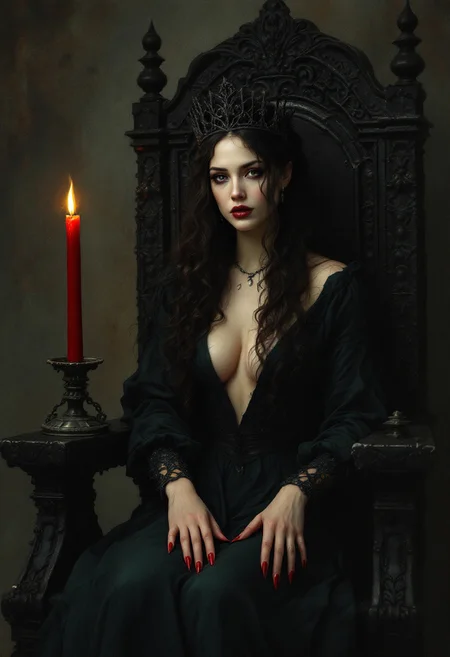 A photorealistic painting in a pre-Raphaelite style, a beautiful queen sitting on a stark black throne, she is wearing a dark green dress with a plunging neckline, she has long sharp fingernails with red fingernail polish, she is wearing a black iron crown, her head is an old wrought iron lantern, a single tall red candle with a flickering orange flame sheds dim light, chiaroscuro lighting,