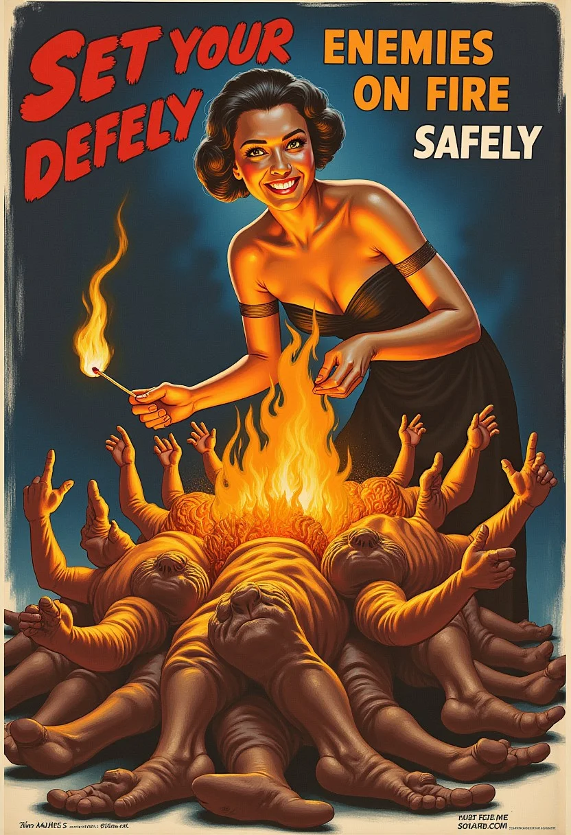 In REME's War Poster Style. a pretty woman with a lit match smiles at the viewer. she is setting fire to a heap of human bodies with arms and legs sticking out of it at awkward angles. title reads "SET YOUR ENEMIES ON FIRE SAFELY" and "ACT WISELY". high detail.