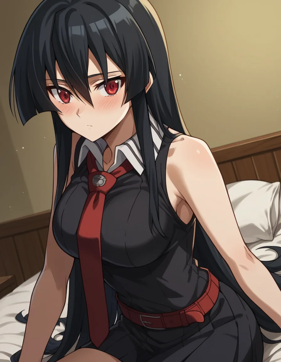 score_9, score_8_up, score_7_up, source_anime,
agkakame, <lora:agk-akame-s1-ponyxl-lora-nochekaiser:1>,
akame, long hair, black hair, red eyes, hair between eyes,
skirt, dress, necktie, sleeveless, belt, shirt, black shirt, collared shirt, red necktie, black skirt,
indoors, bed, bed room, on side, blush, drunk,
cowboy shot, solo, dutch angle, looking at viewer,