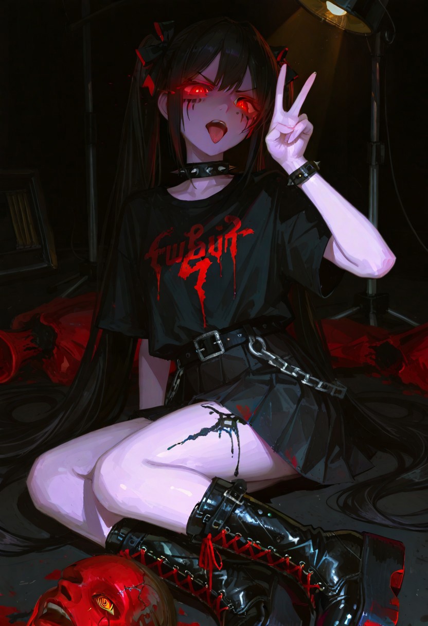 masterpiece, best quality, amazing quality, very aesthetic, absurdres, newest, studio lighting, 1girl, (hatsune miku:0.5), solo, red eyes, glowing eyes, ringed eyes, black hair, [high twintails], very long hair, sidelocks, pale skin,  black shirt, (black_metal, corpse_paint, face paint), black pleated skirt, black belt with chains, black studded_bracelet, spiked collar, black hair_ribbons, high platform boots, laced boots, \n/, v-shaped eyebrows, open mouth, tongue out, indoors, black background,