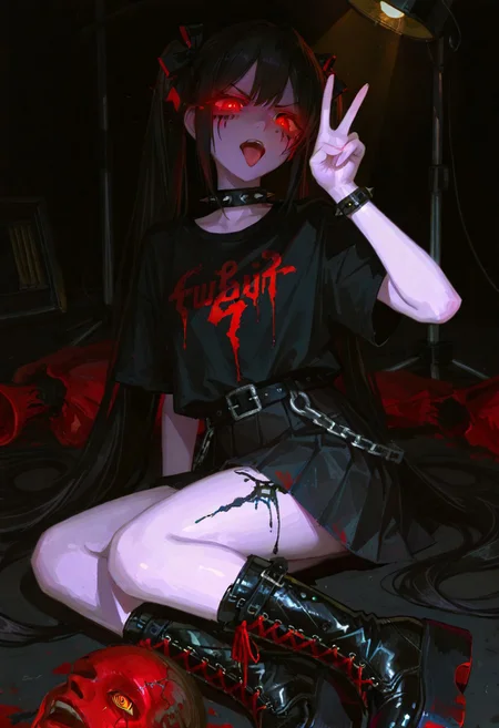 masterpiece, best quality, amazing quality, very aesthetic, absurdres, newest, studio lighting, 1girl, (hatsune miku:0.5), solo, red eyes, glowing eyes, ringed eyes, black hair, [high twintails], very long hair, sidelocks, pale skin,  black shirt, (black_metal, corpse_paint, face paint), black pleated skirt, black belt with chains, black studded_bracelet, spiked collar, black hair_ribbons, high platform boots, laced boots, \n/, v-shaped eyebrows, open mouth, tongue out, indoors, black background,