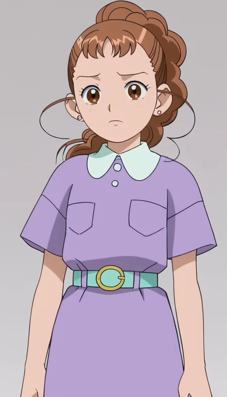 brown hair,earrings,ponytail,purple dress,belt,brown eyes,1girl,<lora:Fujiwara_Reiko-000008:0.8>,, anime screencap,score_9,simple background,
