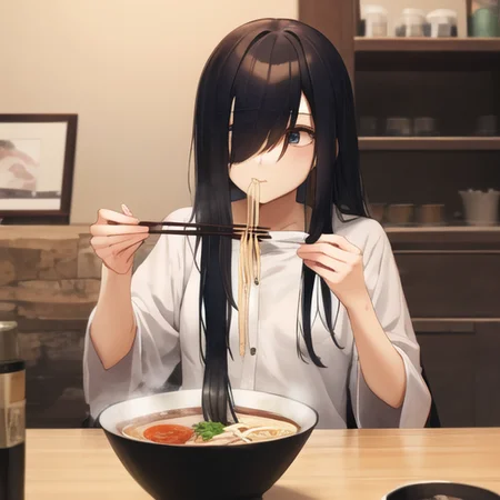 ((masterpiece)),(best quality), absurdres,sadako_yamamura,<lora:Sadakobest:0.8>,   <lora:betterrameneating_11:1>, eating ramen,chopsticks,