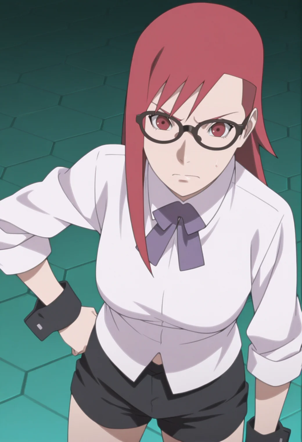 anime screencap, anime coloring, ,   <lora:DX888KarinB:1> uzumaki karin, red eyes, red hair,long hair, sidecut, glasses, white shirt, collared shirt,sleeves rolled up,purple ribbon,wrist cuffs, black shorts, BREAK simple background,  green background, honeycomb background, BREAK 1girl, angry, from above, hand on own hip, looking at viewer,  solo, standing, white dress,