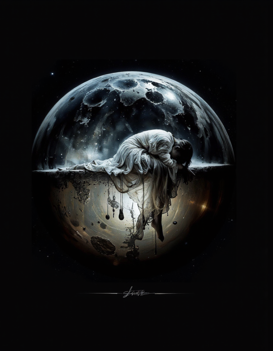 A detailed high-resolution cinematic monochromatic  photograph capturing a surreal scene of a woman sitting on a transparent sphere. The woman is dressed in a flowing, ethereal gown that appears to be made of a translucent material, allowing the viewer to see the sphere surface beneath her. Her body is slightly bent, with her head resting on her knees, giving a sense of melancholy or contemplation. The sphere surface is textured, with visible craters and a smooth, reflective quality, suggesting a celestial setting. 
Droplets of liquid, possibly water or tears, are dripping from the sphere surface, adding a dramatic and emotional element to the image. The sphere is positioned centrally in the image, with the woman's figure occupying the lower right quadrant. The background is a deep, dark black, enhancing the sphere luminosity and the woman's silhouette. The overall style is dark and moody, with a focus on texture and light, creating a haunting and mystical atmosphere. The use of monochrome colors and the surreal, dreamlike composition contribute to the artwork's ethereal and otherworldly quality. <lora:landscape:1>