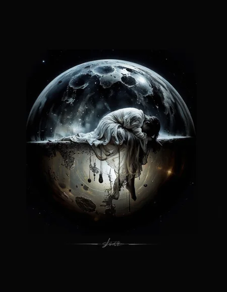 A detailed high-resolution cinematic monochromatic photograph capturing a surreal scene of a woman sitting on a transparent sphere. The woman is dressed in a flowing, ethereal gown that appears to be made of a translucent material, allowing the viewer to see the sphere surface beneath her. Her body is slightly bent, with her head resting on her knees, giving a sense of melancholy or contemplation. The sphere surface is textured, with visible craters and a smooth, reflective quality, suggesting a celestial setting.
Droplets of liquid, possibly water or tears, are dripping from the sphere surface, adding a dramatic and emotional element to the image. The sphere is positioned centrally in the image, with the woman's figure occupying the lower right quadrant. The background is a deep, dark black, enhancing the sphere luminosity and the woman's silhouette. The overall style is dark and moody, with a focus on texture and light, creating a haunting and mystical atmosphere. The use of monochrome colors and the surreal, dreamlike composition contribute to the artwork's ethereal and otherworldly quality. <lora:landscape:1>