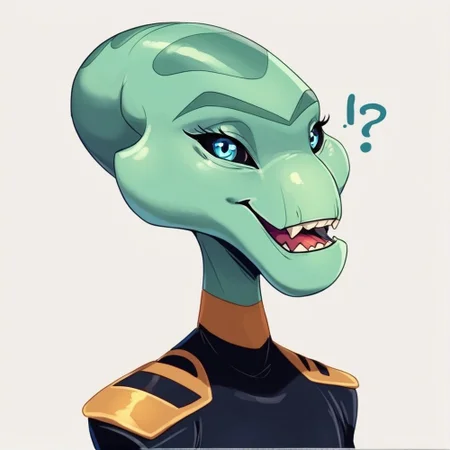 score_9, score_8_up, score_8,source_furry,
1girl,
solo,
furry female,
alien,
looking at viewer,
smile,
uniform,
black uniform,
gold trim,
green skin,
green body,
upper body,
open mouth,
bald,
standing,
teeth,
<blue eyes:1.5>,
<black sclera:1.5>,
<simple background:1.5>,
<white background:1.5>,
<lora:Grand_Councilwoman_Pony_SDXL:1> grand_councilwoman,
<lora:90s4n1m3XLP:1> 90s4n1m3, dumb,
confused,
teeth,
tongue out,