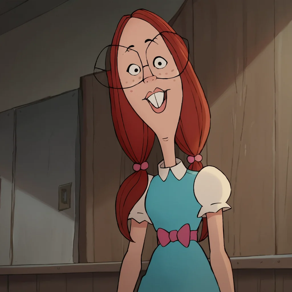 score_9, score_8_up, score_7_up, Gretchen, 1girl, red hair, long hair, twintails, glasses, freckles, buck teeth, looking at viewer, small breasts, narrow waist, wide hips, highres, high quality, masterpiece, <lora:Gretchen_Grundler:1>