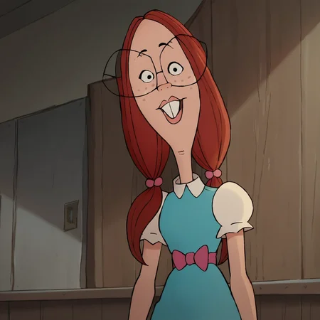 score_9, score_8_up, score_7_up, Gretchen, 1girl, red hair, long hair, twintails, glasses, freckles, buck teeth, looking at viewer, small breasts, narrow waist, wide hips, highres, high quality, masterpiece, <lora:Gretchen_Grundler:1>