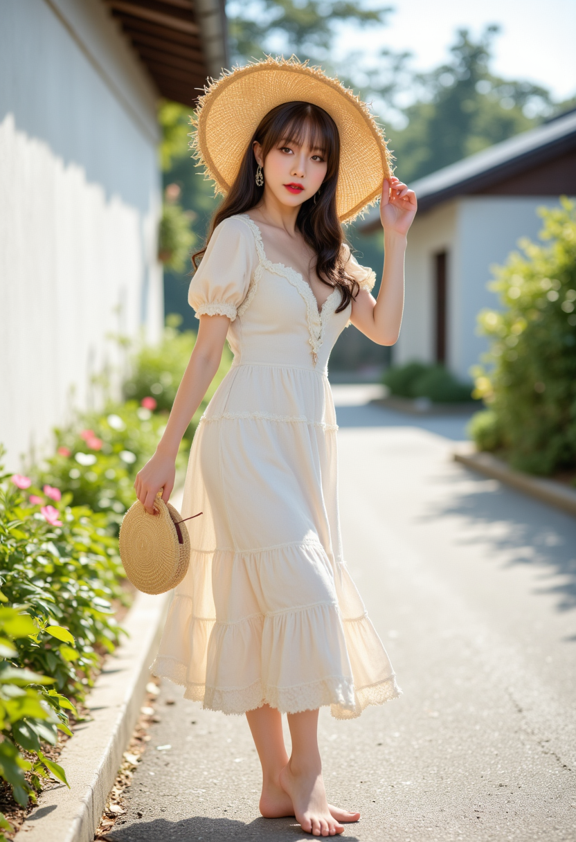 full body view, multiple angles, photoshoot poses; she has piercing eyes. A photo of a woman wearing a white dress, a straw hat, and holding a straw purse in her hand. she is barefoot. japanese outdoors, east asian architecture, 1girl, scenery, building, shadow, walking, pavement, signature, plant, sunlight, floral print, sash, obi, day, street. She is posing for the camera with a confident expression. The photo is in a vintage style, with a soft focus and a sepia tone. there is a sense of nostalgia and timelessness to the scene. She is smiling. The background is a simple white wall. The overall mood of the image is Happy.RAW candid cinema,16mm,color graded portra 400 film,remarkable color,ultra realistic,textured skin,remarkable detailed pupils,realistic dull skin noise,visible skin detail,skin fuzz,dry skin,shot with cinematic camera,detailed skin texture,(blush:0.2),(goosebumps:0.3),subsurface scattering,beautiful photograph in the style of Augustus John,Sergio Toppi,Virginia Frances Sterrett,8k HD,detailed skin texture,ultra realistic,textured skin,analog raw photo,cinematic grain,whimsical.perfection style,aidmafluxpro1.1
