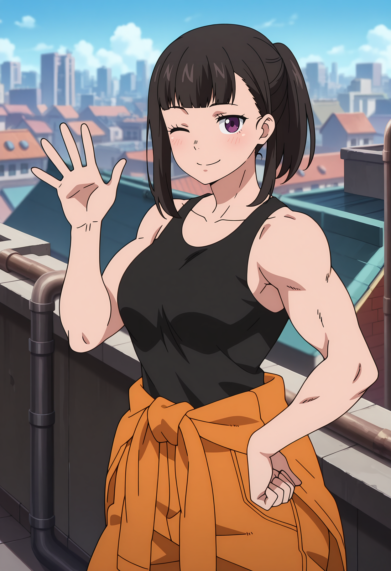 anime screencap, masterpiece, best quality,
<lora:EnenNoShouboutai_OzeMaki_IlluXL:0.9>,
1girl, solo, closed mouth, smile, blush, one eye closed, muscular female,
ponytail, asymmetrical hair, blunt bangs, hair behind ear, black hair, purple eyes, 
black tank top, clothes around waist, orange jumpsuit, 
waving, standing, looking at viewer, hand on own hip,
blurry background, cityscape, day, rooftop, industrial pipe, blue sky, tank