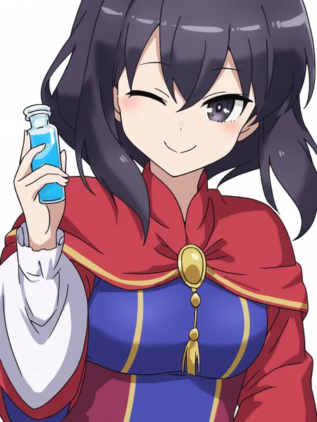 woman, 20 y/o, 20 year old, 20 year old woman, score_7_up, score_8_up, score_9, BREAK masterpiece, high quality, 1girl, solo, <lora:Kaoru_Nagase_PDXL_v1:0.8> kaoru, blue red dress, black hair, black eyes, upper body, one eye closed, standing, cute pose, smile, white background, holding potion in one hand, mature face