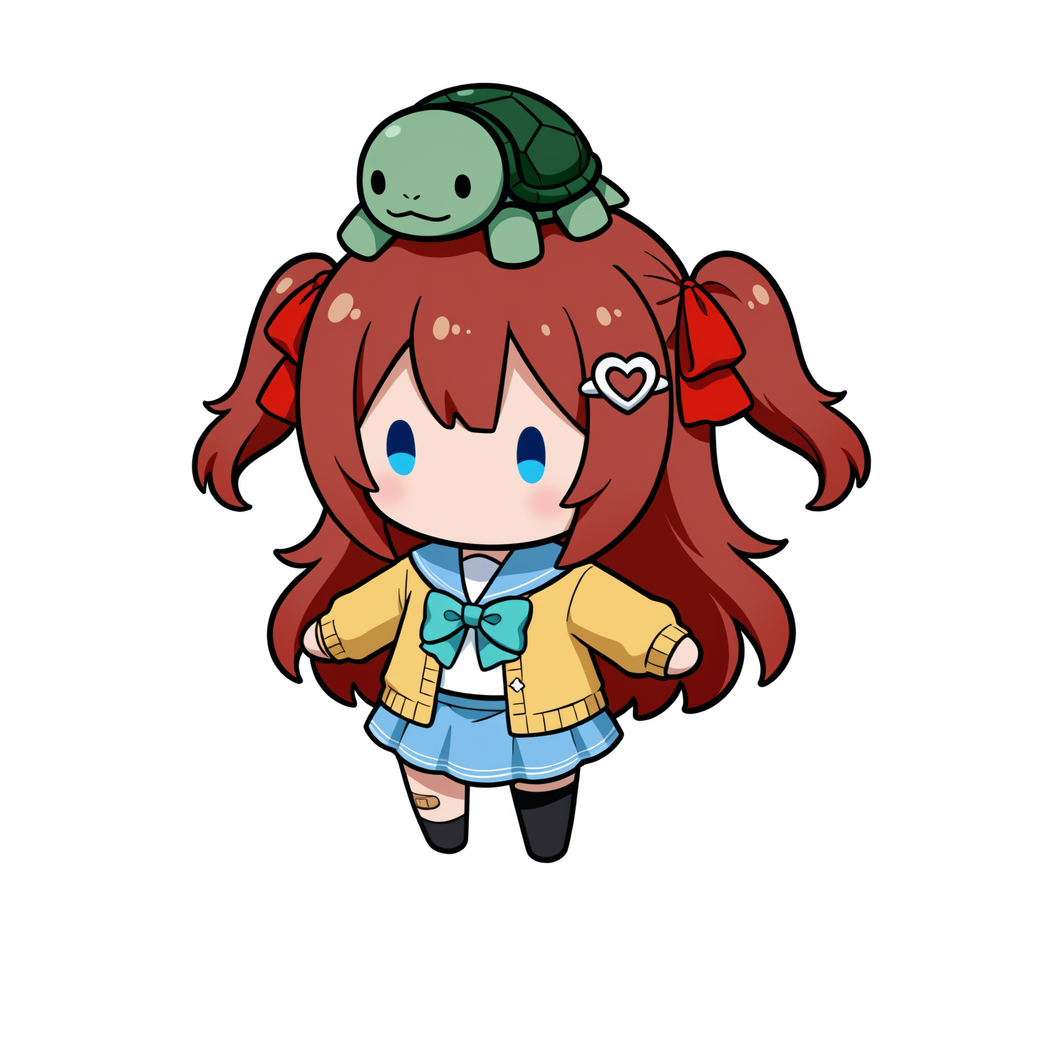 white background, simple background, object on head, turtle, solid oval eyes, chibi, full body, 1girl, brown hair, 1girl, blue eyes, long hair, red hair ribbon, two side up, serafuku, white heart hair ornament, school uniform, yellow cardigan, aqua bow, aqua bowtie, blue skirt, thighhighs, single thighhigh, black thighhighs, uneven legwear, bandaid on knee, asymmetrical legwear, open cardigan<lora:he_is_unaware_of_what_is_occuring_on_his_head_(meme):1>, <lora:NeuroEvilVedalNoob11:0.8>