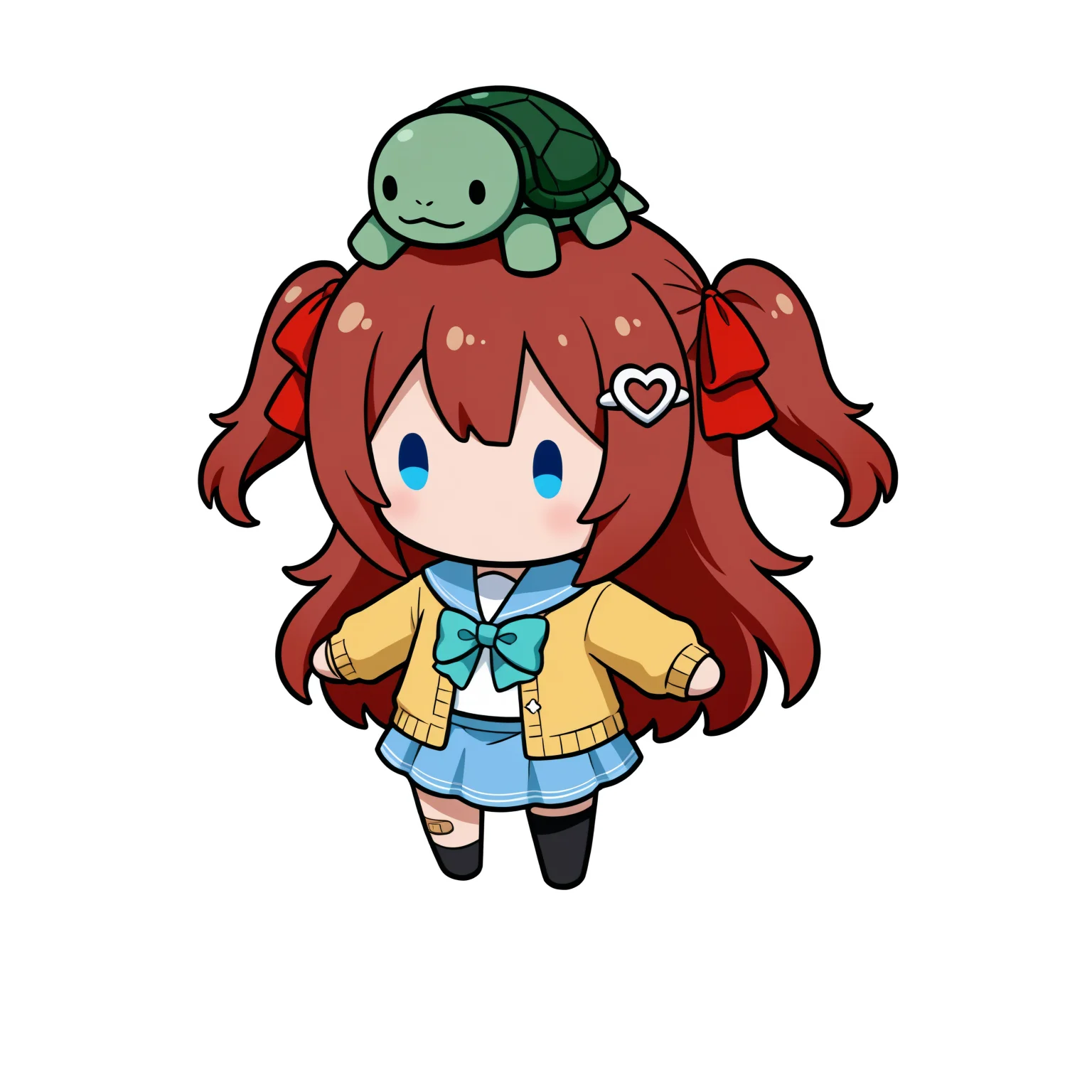 white background, simple background, object on head, turtle, solid oval eyes, chibi, full body, 1girl, brown hair, 1girl, blue eyes, long hair, red hair ribbon, two side up, serafuku, white heart hair ornament, school uniform, yellow cardigan, aqua bow, aqua bowtie, blue skirt, thighhighs, single thighhigh, black thighhighs, uneven legwear, bandaid on knee, asymmetrical legwear, open cardigan<lora:he_is_unaware_of_what_is_occuring_on_his_head_(meme):1>, <lora:NeuroEvilVedalNoob11:0.8>