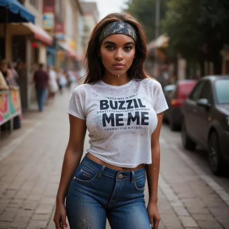 score_9,score_8_up,score_8_up,1, 20 year old dark hippy woman, ,beautiful face, headband, perfect eyes ,full lips, ,(wet shiny skin) detailed skin, , large breasts,printed T-shirt, (((Printed T-Shirt; words  "Buzz me"))) )perfect tummy,, skin tight jeans, boots
Photorealistic
In festival