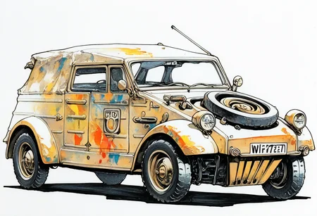 score_9,score_8_up,score_7_up,
Car illustration,dramatic lighting,high contrast,decorative,atmospheric,haunting beauty,texture,(dynamic angles),retro,subdued colors,splash art,highly detailed illustration,trending on Artstation,paint splatters,perfect composition,watercolor,sharp focus,intricate details,highly detailed,white background,
Red,black,gray,yellow,white,
<lora:Midjourney_5:0.6>,<lora:WaterColorV3:0.8>,watercolor,,<lora:Kübelwagen_illustrious:0.9>,kubelwagen,no human,