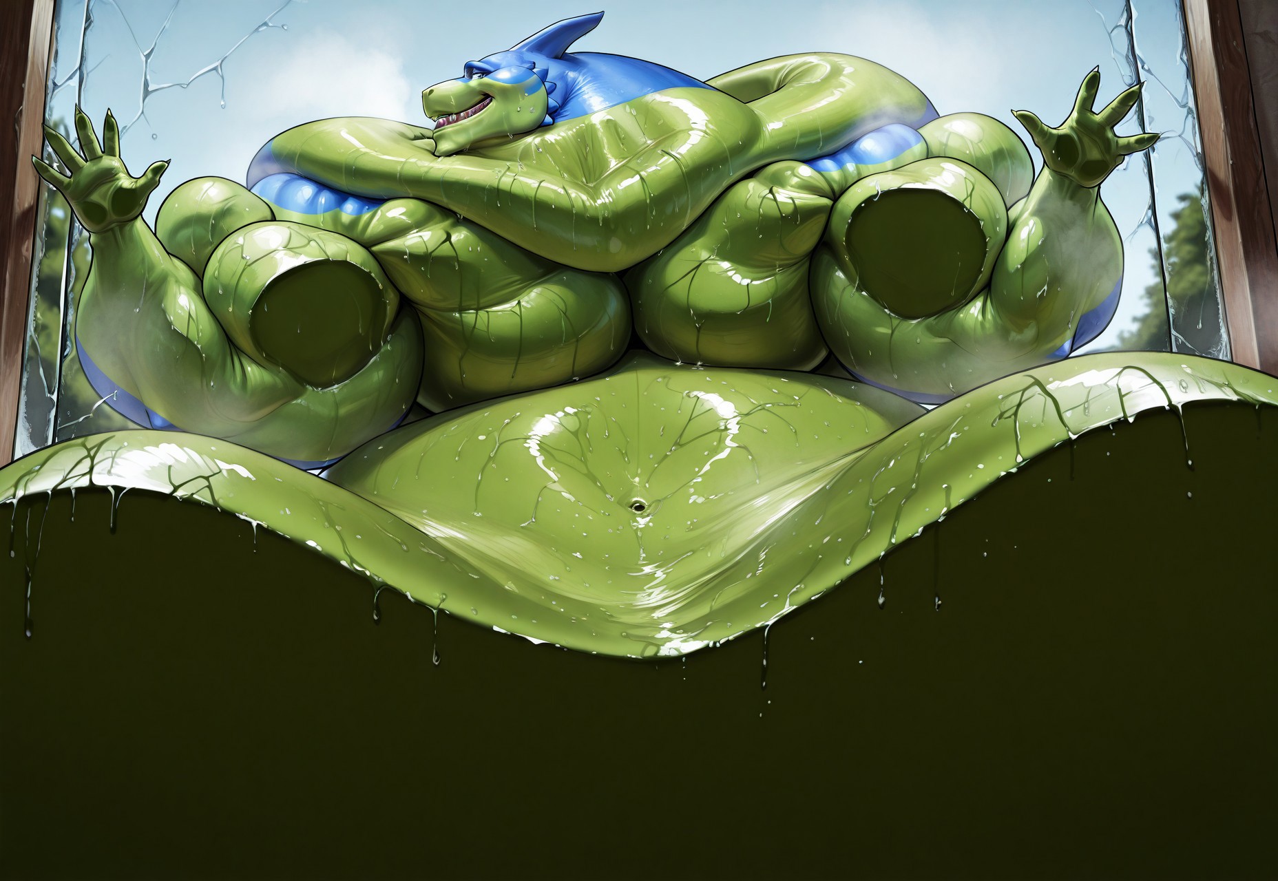score_9, score_8_up, score_7_up, semi-realistic illustration, masterwork, (head side profile), close shot, head shot, small head:1), (back rolls, neck rolls, massive fat cheeks multiple fat cheeks:1.1), side cheeks pressed up against glass, side neck rolls pressed up against glass, intently looking, intense orgasming, hungry, eyes wide open, open mouth, grin, smile, looking at viewer, Gidon, green and blue skin, detailed teeth, green and blue skin, anatomically correct, dynamic angle, foreshortening, shiny skin, reflected skin, detailed skin, detailed face, detailed eyes, cyan eyes, (horn), sweat, musk, brightly lit, BREAK masterpiece, very aesthetic, absurdres,