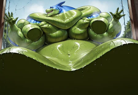 score_9, score_8_up, score_7_up, semi-realistic illustration, masterwork, (head side profile), close shot, head shot, small head:1), (back rolls, neck rolls, massive fat cheeks multiple fat cheeks:1.1), side cheeks pressed up against glass, side neck rolls pressed up against glass, intently looking, intense orgasming, hungry, eyes wide open, open mouth, grin, smile, looking at viewer, Gidon, green and blue skin, detailed teeth, green and blue skin, anatomically correct, dynamic angle, foreshortening, shiny skin, reflected skin, detailed skin, detailed face, detailed eyes, cyan eyes, (horn), sweat, musk, brightly lit, BREAK masterpiece, very aesthetic, absurdres,