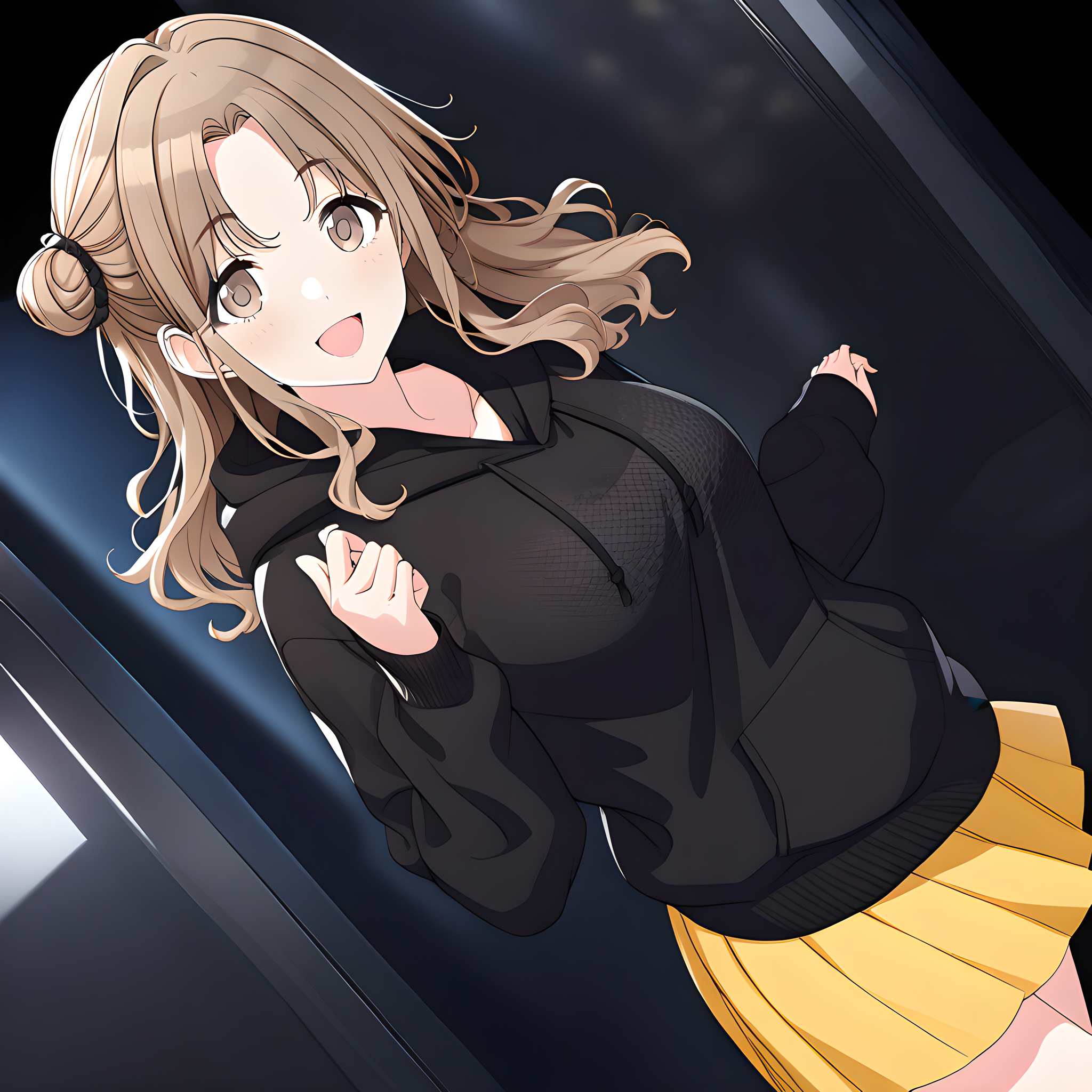 (masterpiece),(best quality),(ultra-detailed),(best illustration),(best shadow),(absurdres),(detailed background),(very aesthetic),
ichikawa_hinana, 1girl, solo, skirt, pleated skirt, hair bun, long hair, brown hair, hood, yellow skirt, hoodie, brown eyes, looking at viewer, single side bun, smile, black background, open mouth, single hair bun, long sleeves, miniskirt, black hoodie, bangs, casualoutfit, blurry background, 
<lora:Ichikawa_Hinana:1>