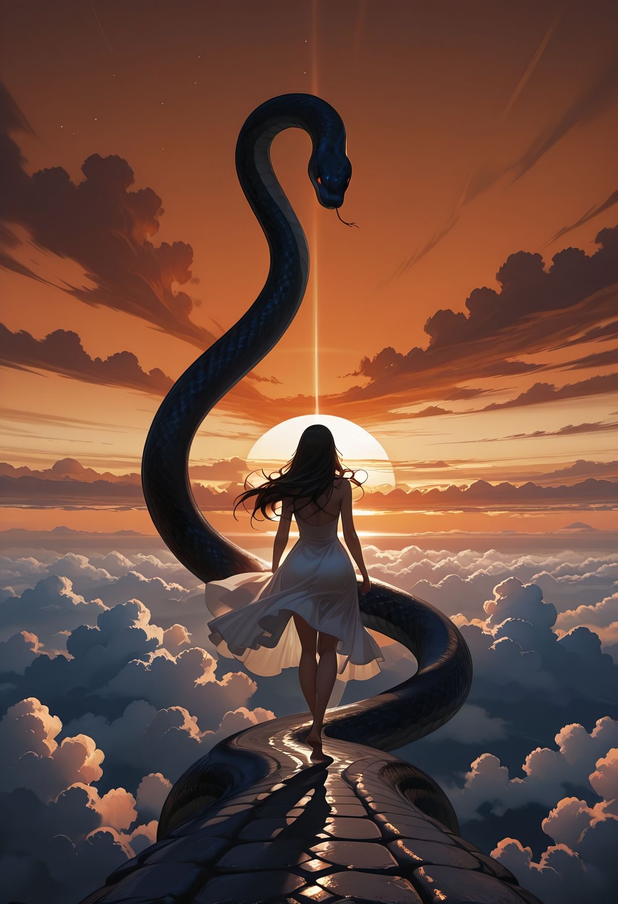 Smooth Quality, 1girl, long hair, white dress, floating dress, barefoot, walking on snake's body, giant snake, above clouds, snake's body forming a road above clouds, horizon, orange sky,  scenery, sunrise​​​