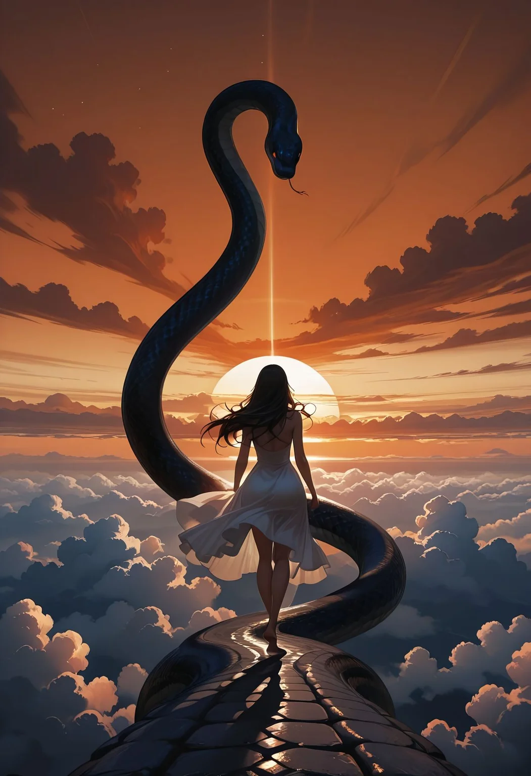 Smooth Quality, 1girl, long hair, white dress, floating dress, barefoot, walking on snake's body, giant snake, above clouds, snake's body forming a road above clouds, horizon, orange sky, scenery, sunrise
