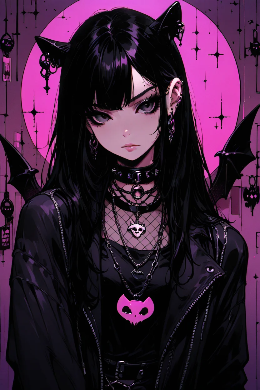 masterpiece, best quality, 1girl, solo, eyelashes, (beautiful eyes), pink neon, 1girl, solo, long hair, looking at viewer, bangs, black hair, jewelry, jacket, upper body, earrings, wings, horns, choker, necklace, black eyes, cup, chain, piercing, ear piercing, drinking glass, purple background, wine glass, bat (animal), long hair, looking at viewer, black hair, upper body, black eyes, collar, lips, black jacket, black shirt, ear piercing, fishnets, portrait, spikes, purple background, bat (animal), spiked collar ,<lora:GothRetroIXL:1.0>,