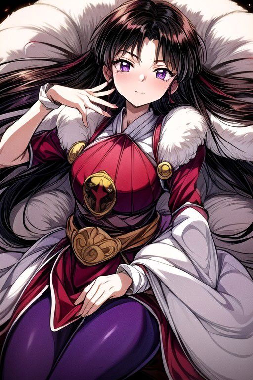masterpiece,  best quality 1girl Setsun4 solo long hair,  (night time) forest background black hair very long hair purple eyes multicolored hair armor (fur trim) (medium body),<lora:EMS-179-EMS:0.800000>,<lora:EMS-293862-EMS:0.800000> bow, hair_bow, hair_tubes, red_bow, brown_hair, long_hair, bangs, ascot, frilled_bow, yellow_ascot, blush, smile, hair_between_eyes, athletic, armor, miko, ,(((intricate outfit,intricate clothes,embroidered outfit,ornate outfit,embroidered clothes,ornate clothes))), laying down, lying down