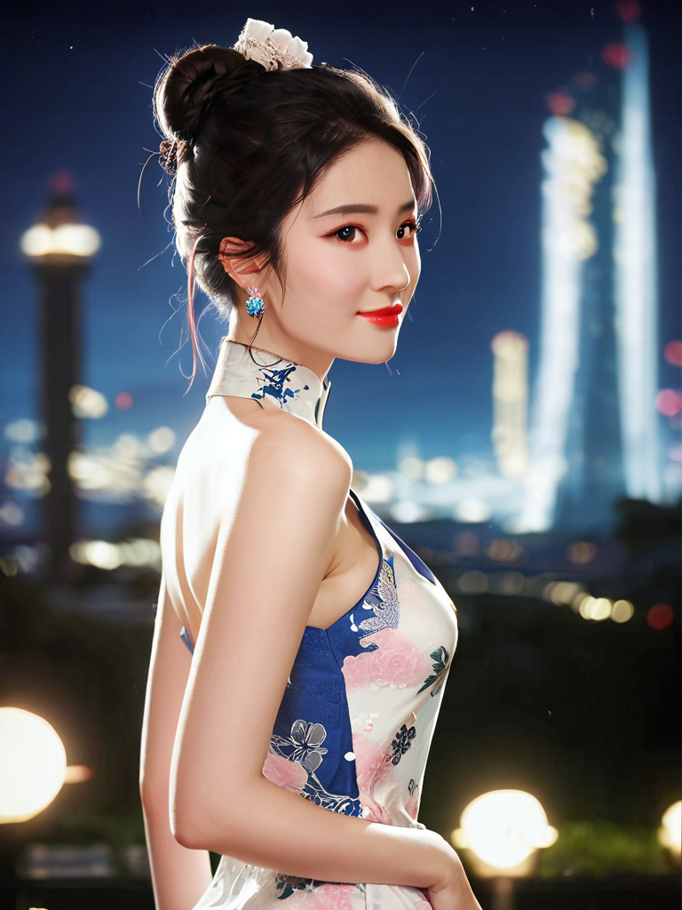 score_9,score_8_up,score_7_up,score_6_up,
sexy 20 year old girl,1girl,
(sleeveless chinese clothes:1),floral print,depth of field,night cityscape,hair bun,ulzzang-6500v1.1,(original:1),(realistic:1),beautiful girl with beautiful details,extremely detailed eyes and face,eyes with beautiful details,absurd,incredibly absurd,huge file size,ultra detail,high resolution,ultra detailed,best quality,masterpiece,illustration,ultra detailed and beautiful,ultra detailed,CG,unity,8k wallpaper,amazing,fine Detail,masterpiece,top quality,official art,extremely detailed CG unity 8k wallpaper,cinematic lighting,(perfect shiny skin:0.6),slim and smooth lines,(floating),(middle breasts),earrings,smile,
<lora:add-detail-xl:0.9>,<lora:zy_AmateurStyle_v2:0.9>,<lora:sinfully_stylish_SDKL:0.8>,<lora:LYF_Pony_v1:1>,