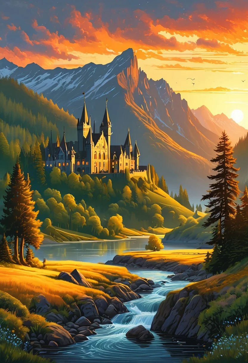 A captivating night scene illustration featuring a beautiful scene of the great out doors in the pacific northwest.. There are great mountains, pine forests, and rivers. It is an outdoorsman's dream. This enchanting artwork captures a serene and peaceful night, where the sun is just starting to rise over the beautiful hills and castle which stands resolute amidst hills of Wales, creating a cinematic experience., illustration, cinematic
<lora:DonM3t3rn1tyXL-v1.1:0.7>, DonM3t3rn1tyXL,
OverallDetailXL <lora:MJ52:0.3> <lora:SDXLFaeTastic2400:0.4> <lora:EpicF4nta5yXL:0.7>