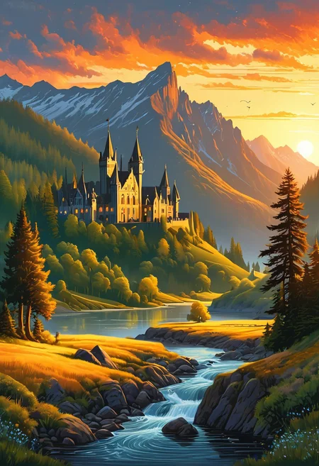A captivating night scene illustration featuring a beautiful scene of the great out doors in the pacific northwest..   There are great mountains, pine forests, and rivers.  It is an outdoorsman's dream.  This enchanting artwork captures a serene and peaceful night, where the sun is just starting to rise over the beautiful hills and castle which   stands resolute amidst hills of Wales, creating a cinematic experience., illustration, cinematic
<lora:DonM3t3rn1tyXL-v1.1:0.7>, DonM3t3rn1tyXL,
OverallDetailXL  <lora:MJ52:0.3>  <lora:SDXLFaeTastic2400:0.4>  <lora:EpicF4nta5yXL:0.7>