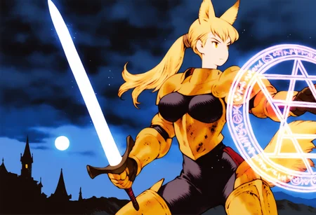 best quality, amazing quality, very aesthetic, absurdres, yoshida akihiko, shaded, shadowed, BREAK
1girl, solo, night, blue moon, (castle in the distance:0.7), dark clouds, (sparkles:0.3), sharp eyes, (eyes partially closed:0.2), medium|large breasts, (dust fog:0.1), (stars:0.3), (broken city in background:0.4), cowboy shot, (god rays on character:0.3), action pose, mature, adult, (short blonde ponytail), plated (black and gold armor), (wolf ears), gold eyes, serious expression, looking away, somber, big wolf tail, (white glowing sword), holy, (foreground fog:0.1), white aura, (white particles around character), ((magic circle)), (holding sword of light) <lora:AkihikoYoshidaNoobLocon_byKonan:1>